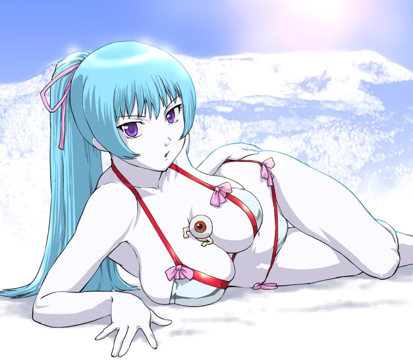 1boy 1girls aoi_(gegege_no_kitarou) between_breasts big_breasts bikini blue_hair breast_squish cleavage eyeball eyeball_head female female_focus gegege_no_kitarou gegege_no_kitarou_5 hair_ribbon light_blue_hair long_hair looking_at_viewer male medama_oyaji miniboy on_side purple_eyes size_difference solo_focus ueyama_michirou white_body white_skin wide_hips youkai yuki_onna