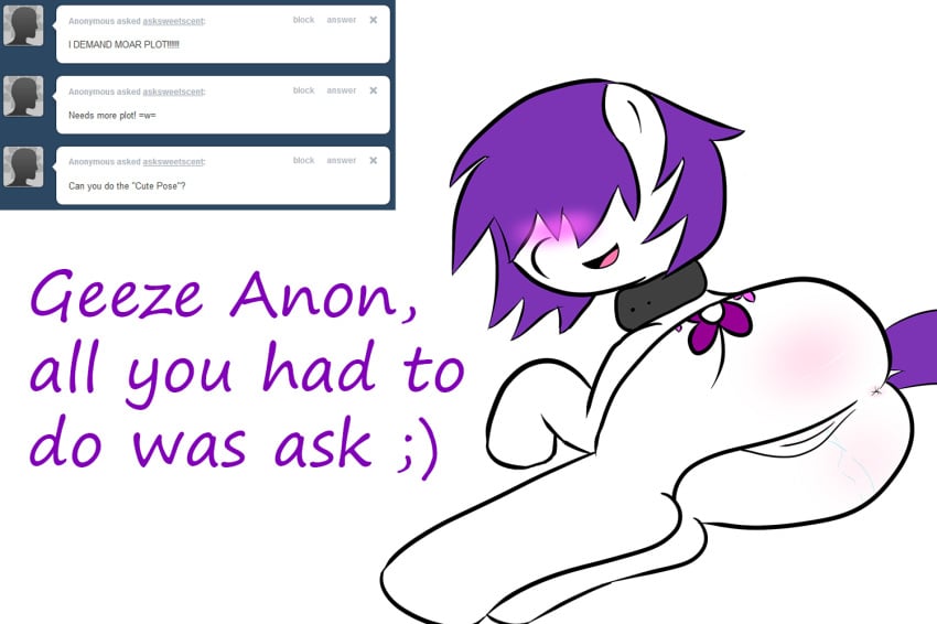 anus ass blush collar cute cutie_mark english_text equine female hair_over_eyes horse my_little_pony original_character plain_background pony presenting pussy solo sweet_scent text tumblr white_background