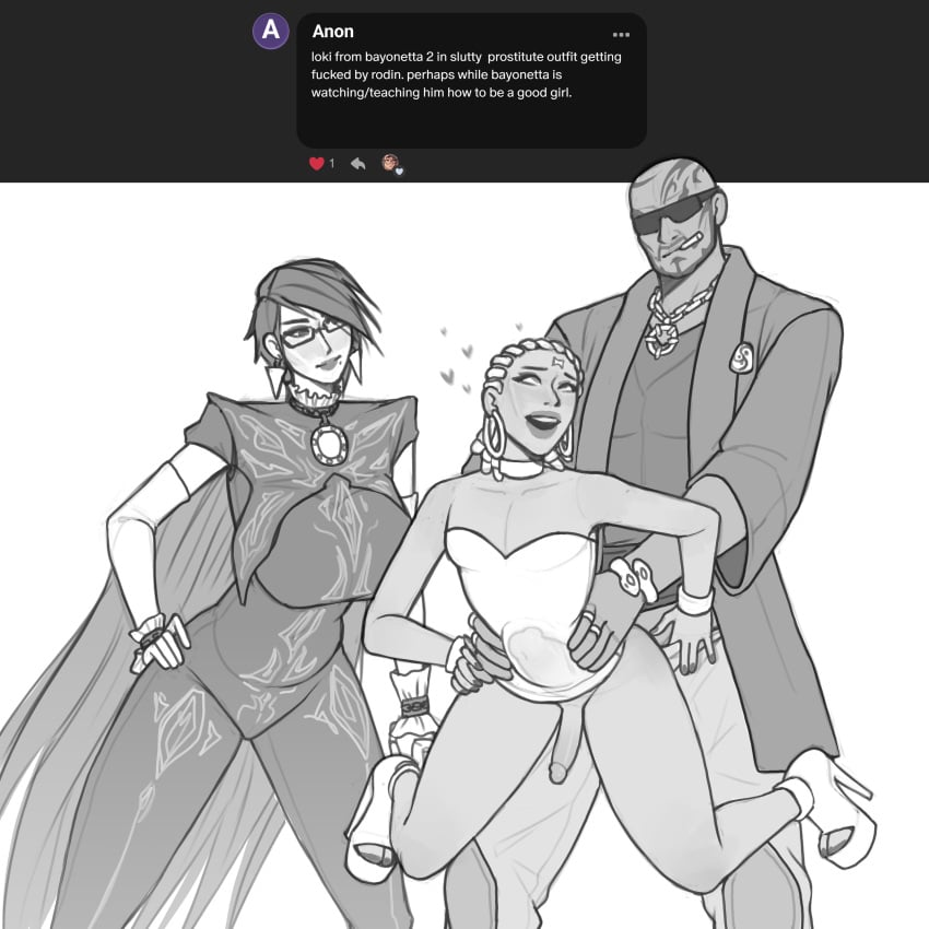 1female 2boys ahe_gao anal armband bayonetta bayonetta_(character) blackout_(artist) bracelet bracelets cape cereza coat cocktail_dress collar dominatrix dreadlocks dress earrings ebony female femboy from_behind gay gay_sex girly grabbing_hips high_heels lifted_by_another lifted_by_penis loki_(bayonetta) male manhandled patreon_reward penis rodin_(bayonetta) sex sissy skimpy skimpy_dress spread_legs standing standing_sex stockings stomach_bulge sunglasses thick_lips tube_dress watching white_hair yaoi