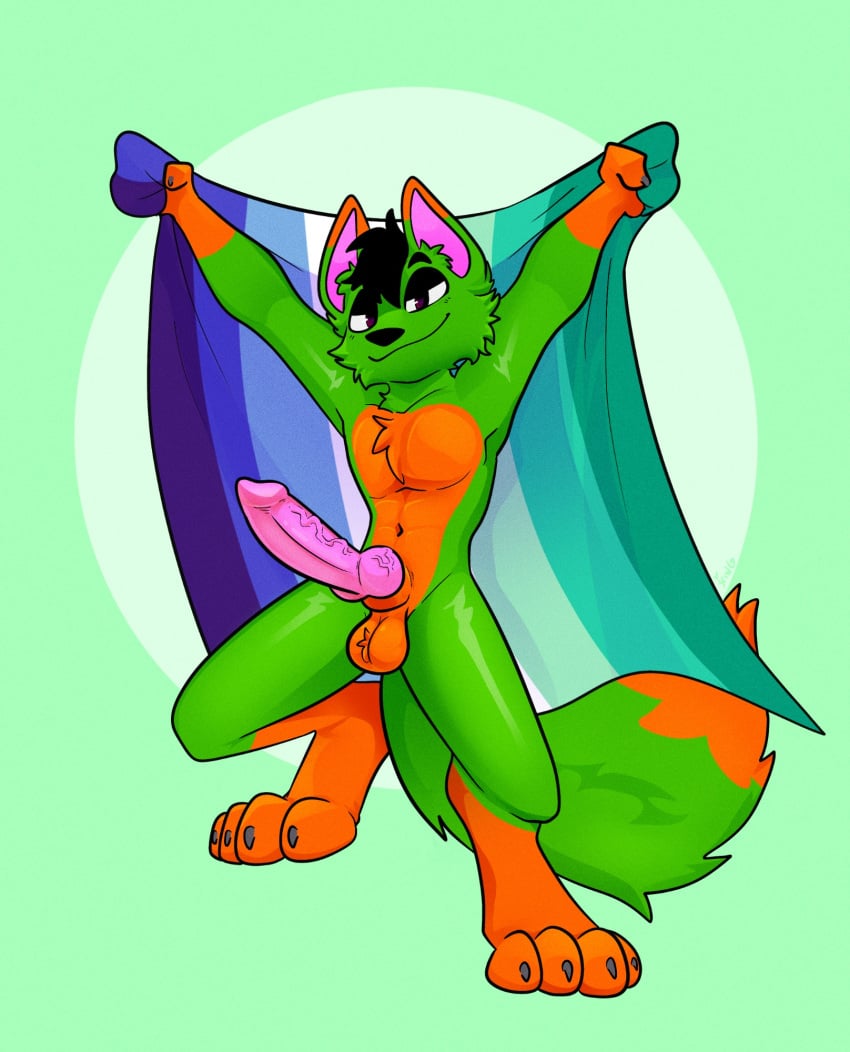 abs animal_genitalia animal_penis anthro athletic athletic_anthro athletic_male balls bedroom_eyes black_hair canid canine canine_genitalia canine_penis cheek_tuft erection facial_tuft fox fully_sheathed fur genitals green_background green_body green_fur hair half-closed_eyes hi_res inviting knot lgbt_pride lgbt_pride_month male mammal mlm_flag muscle_tone narrowed_eyes nude orange_body orange_fur pecs penis pride_color_flag seductive sheath simple_background smile smirk smug smug_face tuft vein veiny_penis vincian_pride_colors xing1
