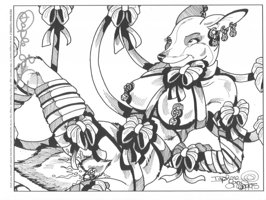 1990s 1995 1998 20th_century bells bondage bound breasts clitoris clitoris_piercing daphne_lage ear_piercing female genital_piercing kangaroo marsupial nipples piercing pussy pussy_juice ribbons spread_legs spreading