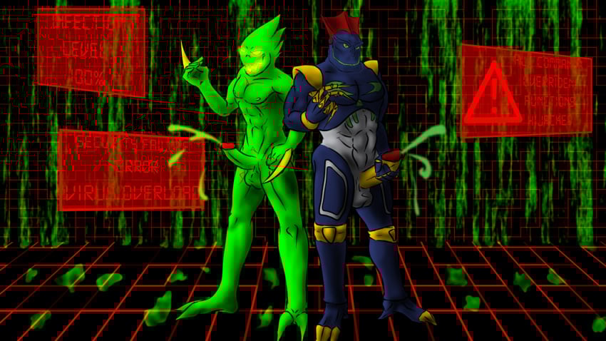 2012 2boys balls bara cum erection green_cum iudicium86 male male_only megabyte_(reboot) muscular nipples penis reboot sonicality tagme