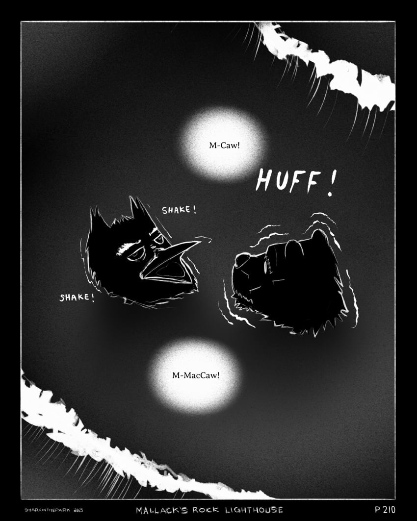 2025 absurd_res anthro avian beak bird black_background border canid canine canis comic death dialogue domestic_dog drowned duo facial_scar greyscale hi_res maccaw_(sharkinthepark) macleish_(sharkinthepark) male mammal monochrome open_mouth owl scar sea shaking sharkinthepark simple_background sound_effects speech_bubble tremble_lines trembling vacant_eyes vacant_stare water wave