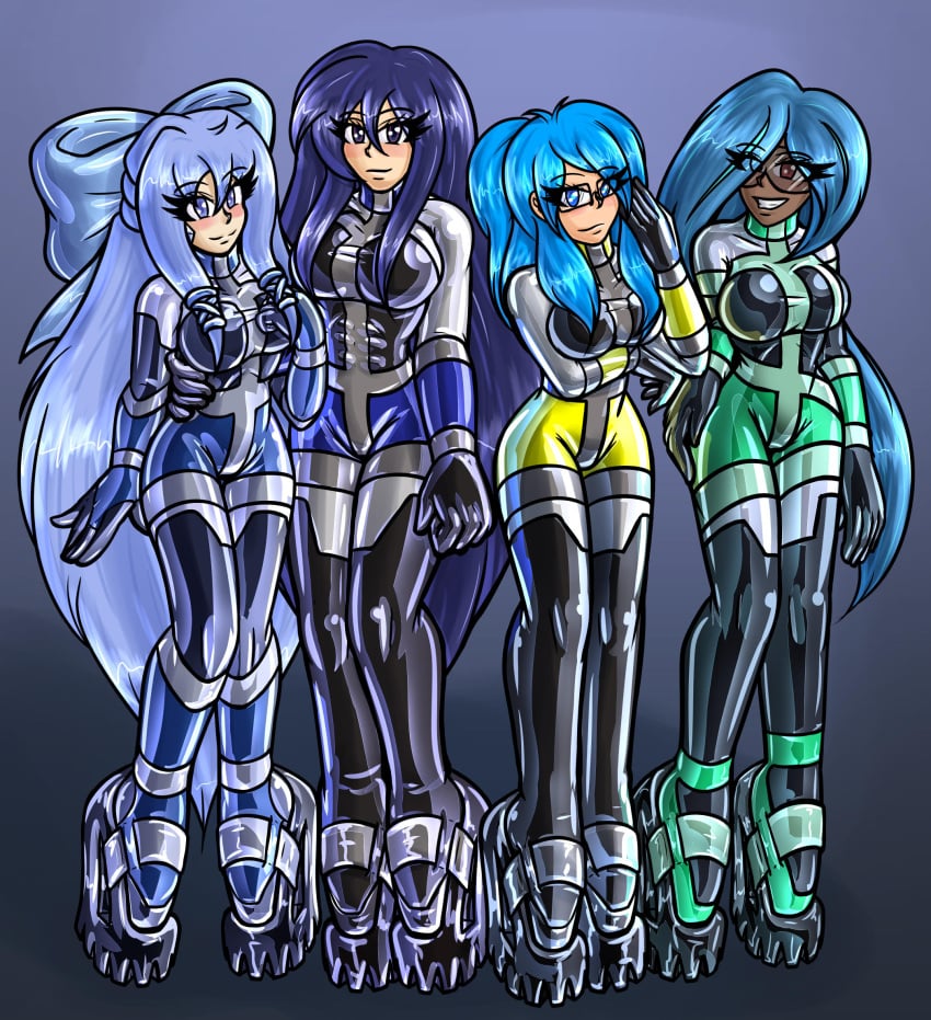 4girls blue_hair erkal0 female female_only fully_clothed glasses gloves high_heels latex latex_clothing latex_gloves multiple_girls shiny_clothes simple_background standing tight_clothing very_high_heels wedge_heels