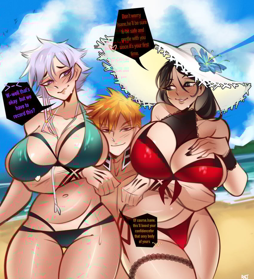 1boy 2girls 2girls1boy beach big_ass big_breasts bleach bleach:_the_thousand-year_blood_war bleach_brave_souls blush color embarrassed english female ichigo_kurosaki kotetsu_isane light-skinned_female light-skinned_male long_hair male muscular muscular_male orange_eyes rajnsfws recording shonen_jump short_hair swimsuit text text_bubble unohana_retsu