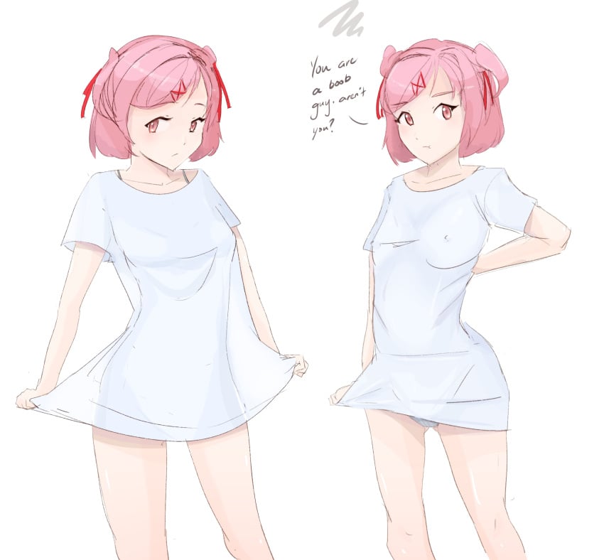 1girls 9_9bird doki_doki_literature_club female natsuki_(doki_doki_literature_club) no_pants panties pink_eyes pink_hair shirt solo standing text white_shirt