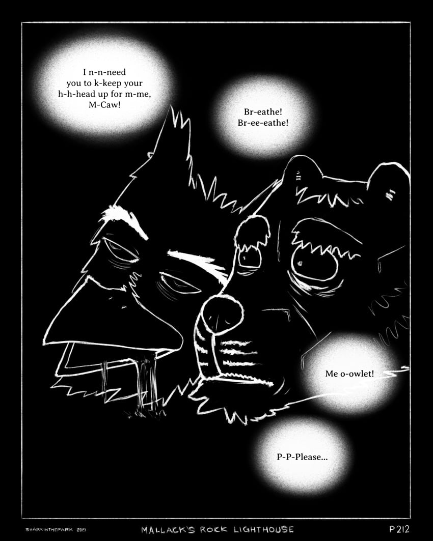 2025 absurd_res anthro avian beak bird black_background bodily_fluids border canid canine canis comic darkness dialogue domestic_dog drooling duo eye_bags facial_scar greyscale hi_res maccaw_(sharkinthepark) macleish_(sharkinthepark) male mammal markings monochrome owl saliva scar sharkinthepark simple_background speech_bubble vacant_eyes vacant_stare water wet whisker_markings worried worried_look