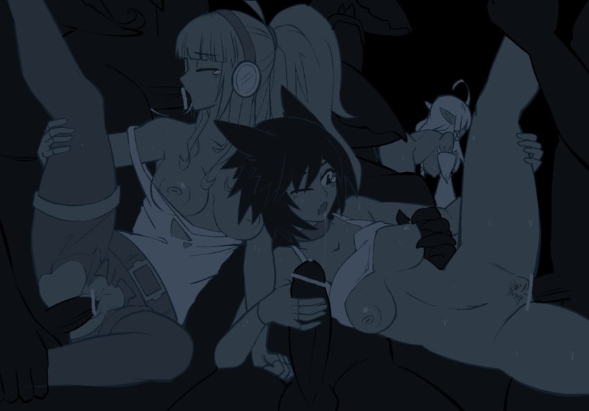 aello_(moon_rhapsody) anal anthro basilisk bird_girl bird_wings bottomless braid cat_ears catgirl clothed_sex dumb_witch fellatio gangbang group_sex handjob harpy headphones human irrumatio kemonomimi kosmic91 lizardman long_hair monochrome moon_rhapsody no_bra no_panties nude nyx_cheshire_(moon_rhapsody) oral orgy ponytail sasha_nikolayeva short_hair tank_top tears torn_clothes vaginal_penetration