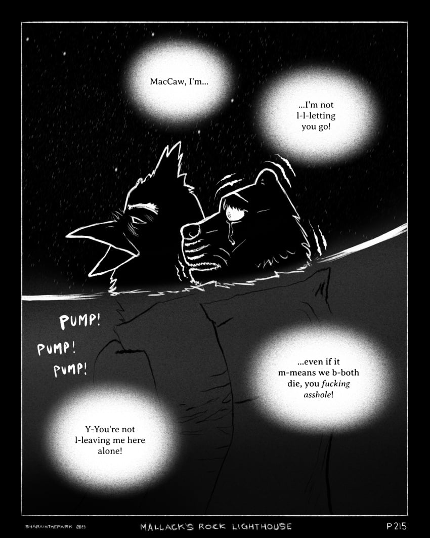 2025 absurd_res anthro avian beak bird black_background bodily_fluids border canid canine canis clothing coat comic cpr darkness dialogue domestic_dog duo eyebrows facial_scar greyscale hi_res hug hugging_another hugging_from_behind jacket maccaw_(sharkinthepark) macleish_(sharkinthepark) male mammal markings monochrome open_mouth owl scar shaking sharkinthepark side_view simple_background sound_effects speech_bubble star tears topwear tremble_lines trembling water whisker_markings wide_eyed