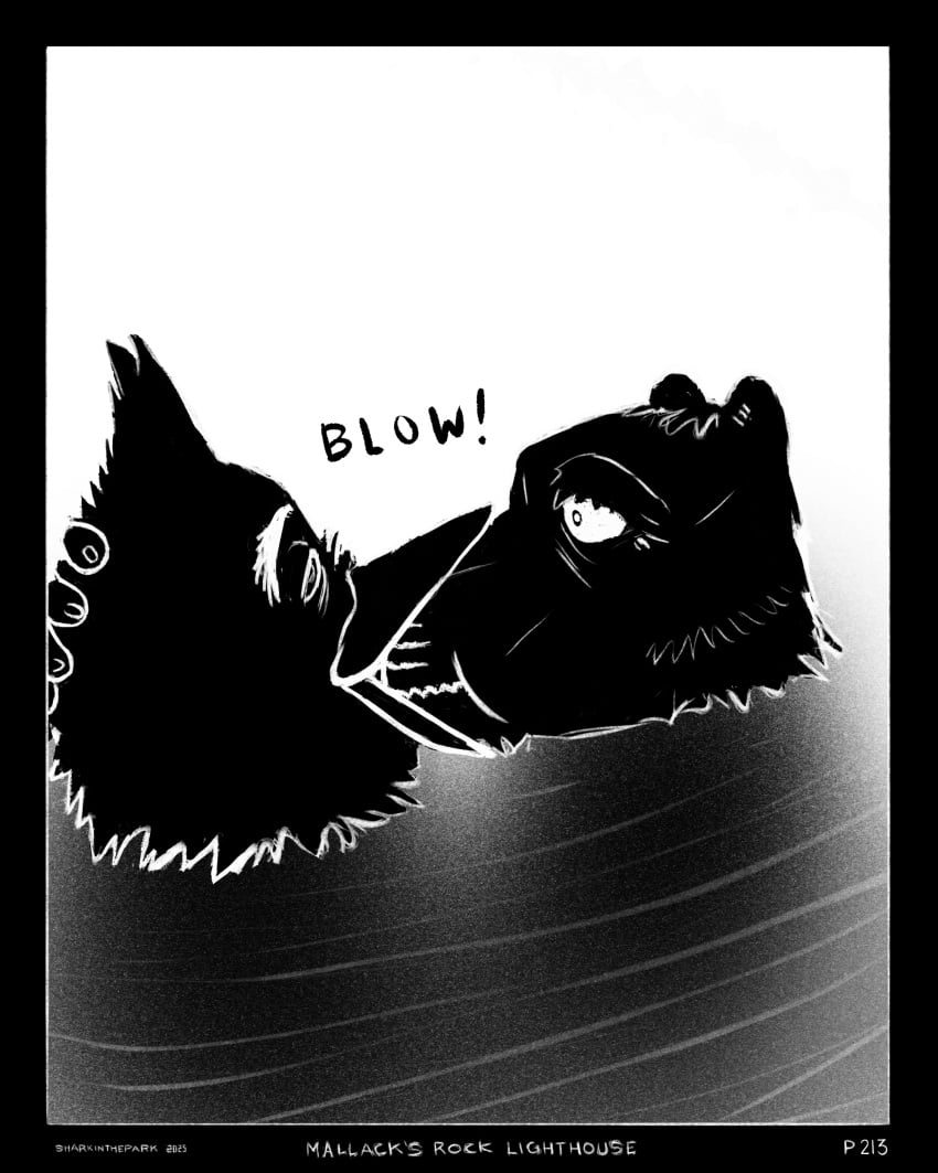 2025 absurd_res anthro avian beak bird blowing border canid canine canis comic cpr death domestic_dog duo eye_bags facial_scar greyscale hi_res maccaw_(sharkinthepark) macleish_(sharkinthepark) male mammal monochrome owl ripples scar sharkinthepark sound_effects water wet wide_eyed