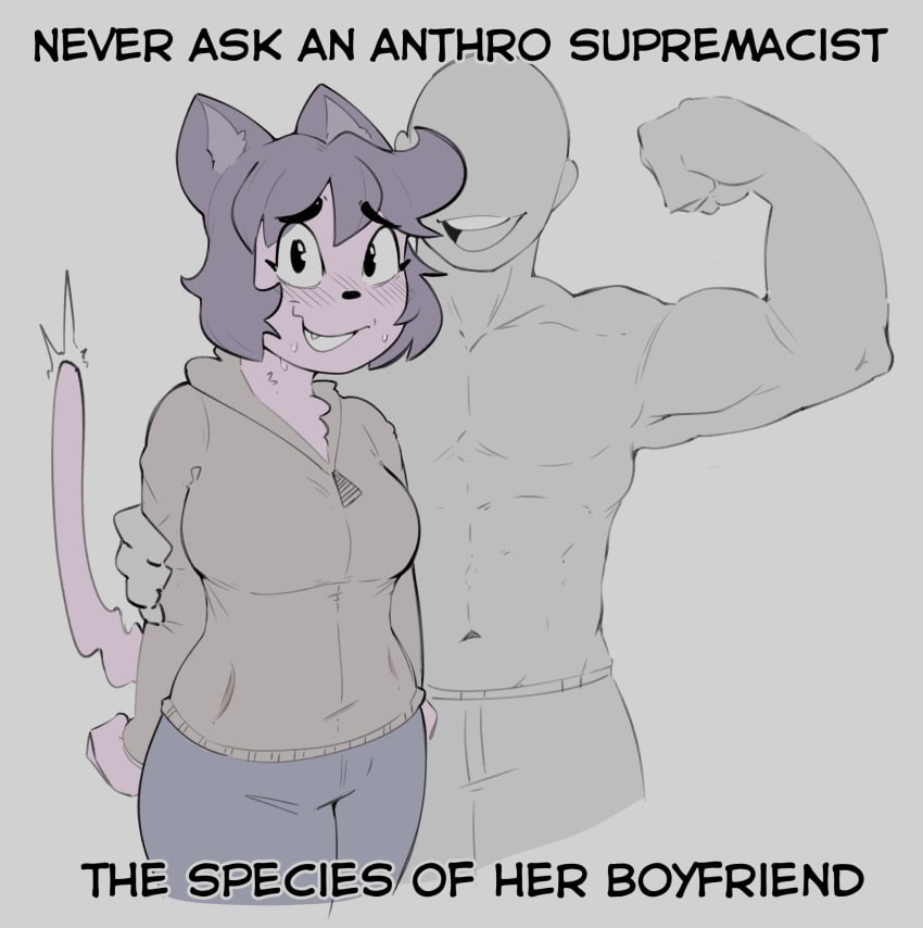 1boy 1girls anthro blush demidoggo dialogue english_text faceless_male female flexing flexing_bicep furry grey_body human&#039;d human_is_better looking_at_viewer male meme meme_reference muscular muscular_male nervous original original_character purple_body text