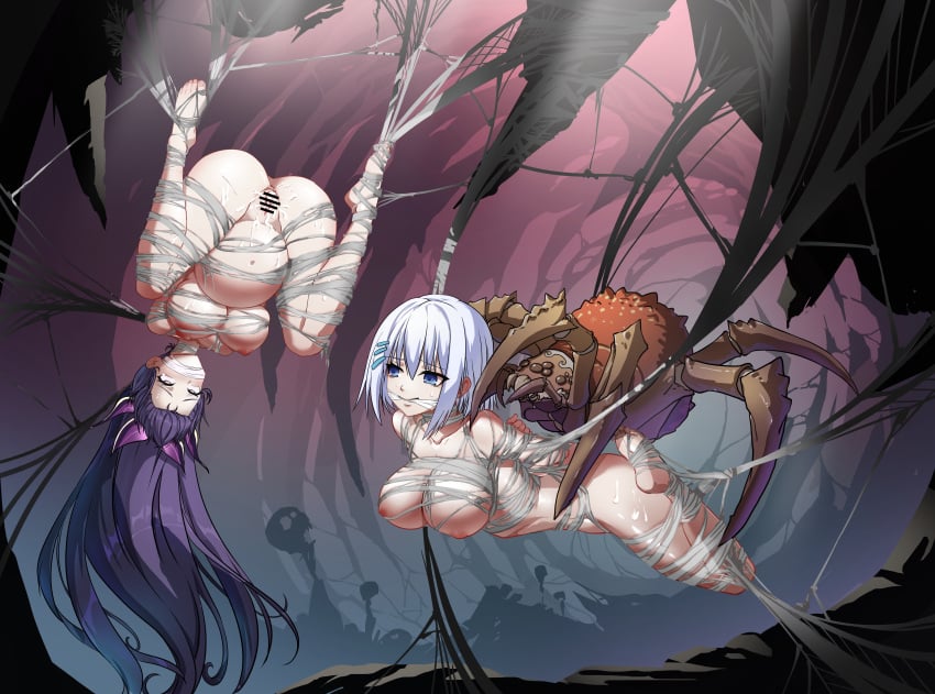 2girls absurdres animal bar_censor big_belly blue_eyes breasts bug cave censored completely_nude date_a_live egg_implantation gagged highres large_breasts long_hair multiple_girls nipples nude oversized_animal purple_hair pussy rape restrained rolling_eyes short_hair silk spider spider_web suspension tobiichi_origami upside-down white_hair yatogami_tohka yukumo_no_ki zoophilia