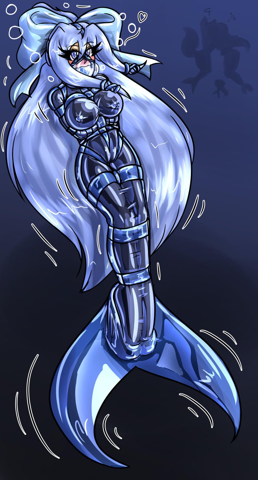 blue_clothing blue_hair bondage bound erkal0 female female_only femsub fully_clothed gag gagged harness_gag high_heels latex latex_clothing mermaid mermaid_suit shiny_clothes straitjacket tight_clothing variant wedge_heels
