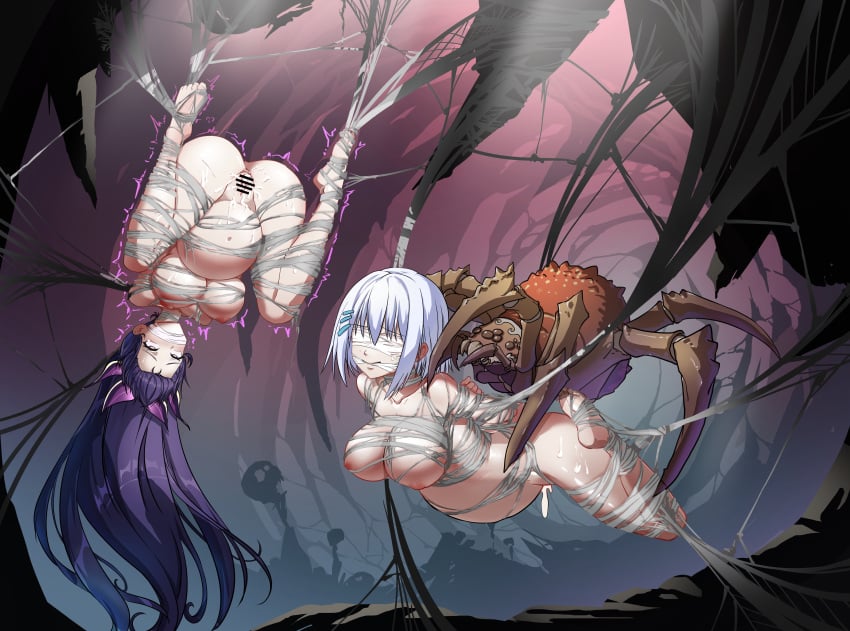 2girls absurdres animal bar_censor big_belly blindfold blue_eyes breasts bug cave censored completely_nude date_a_live egg_implantation gagged highres large_breasts long_hair multiple_girls nipples nude oversized_animal purple_hair pussy rape restrained rolling_eyes short_hair silk spider spider_web suspension tobiichi_origami trembling upside-down white_hair yatogami_tohka yukumo_no_ki zoophilia