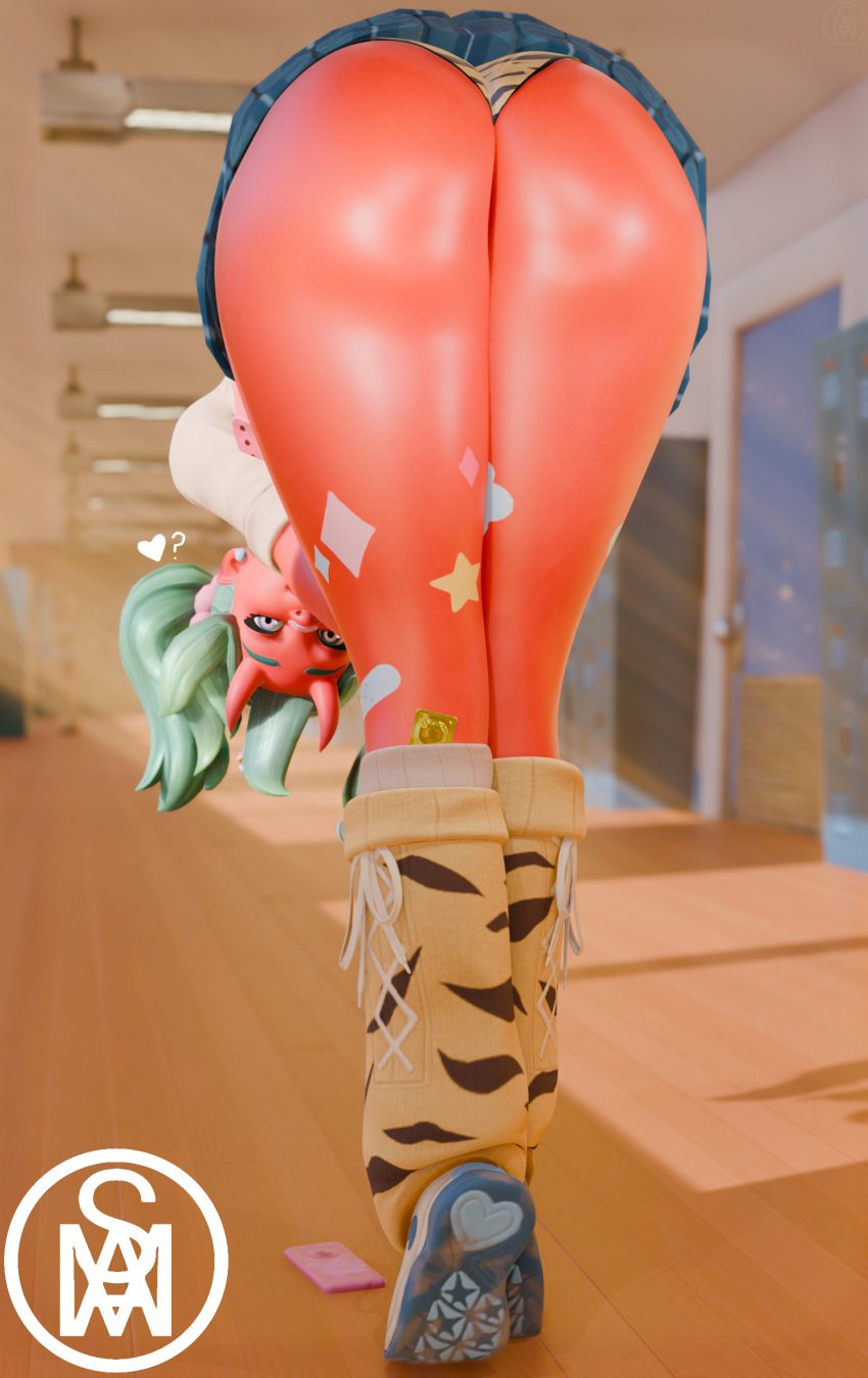 condom fortnite green_hair looking_at_viewer middlemansfm nemia_(fortnite) panties pink_body pink_skin purple_eyes school school_uniform schoolgirl shoes skirt stockings teasing