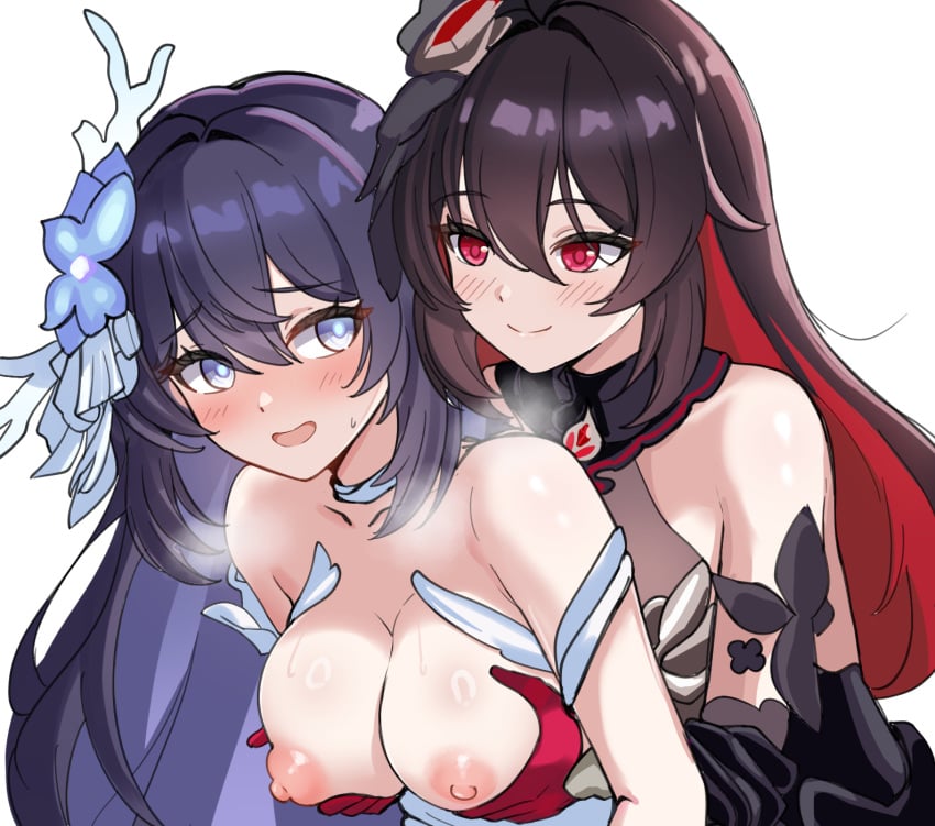 2girls bare_shoulders big_breasts black_hair blue_eyes blue_hair blush breast_grab breasts breasts_out breasts_out_of_clothes clothes clothing commission female female/female female_only grabbing_another&#039;s_breast grabbing_breasts hair_between_eyes honkai_(series) honkai_impact_3rd large_breasts long_hair looking_at_another mini2chainz nipples pink_nipples red_eyes red_hair seele_(honkai:_star_rail) seele_vollerei_(herrscher_of_rebirth) seele_vollerei_(starchasm_nyx) selfcest smile smiling smiling_at_partner solid_color_background two_tone_hair very_long_hair