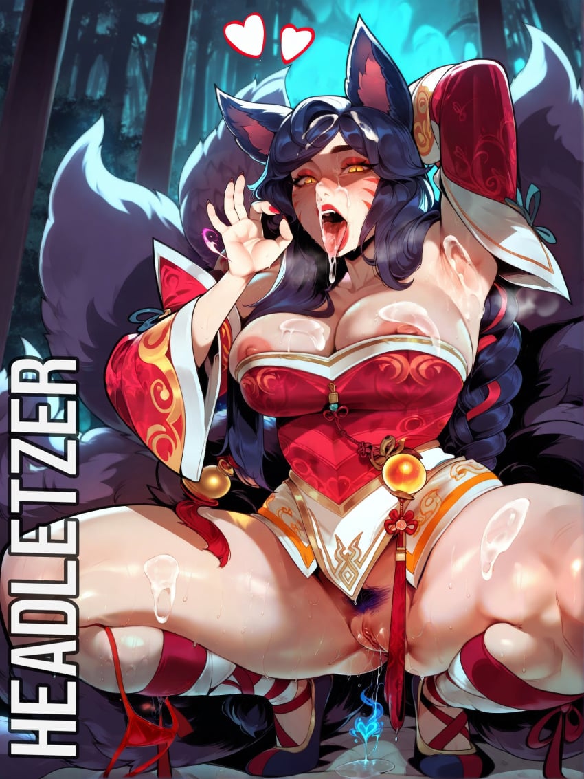 ahri ai_generated armpit breasts breasts clothing cum cum_on_body cum_on_face fellatio_gesture hands_behind_head headletzer league_of_legends looking_at_viewer nipple_slip nipples one_hand_behind_head panties panties_around_leg panties_around_one_leg pussy pussy_juice_drip riot_games semen semen_on_body solo solo_focus spoken_heart squatting vagina vastaya wet_pussy