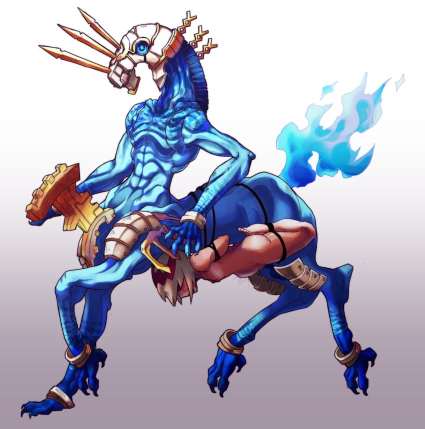 armor arms_behind_back belly_bulge belly_riding bellyride blue_eyes blue_skin blush bondage centaur claws dragon_marked_for_death empress_(dmfd) equus equus_(dmfd) horn inti_creates midas_(artist) monster monster_sex petite porcelain porcelain_armor red_horn restrained screaming_in_pleasure small_breasts stomach_bulge teratophilia tied_up white_hair