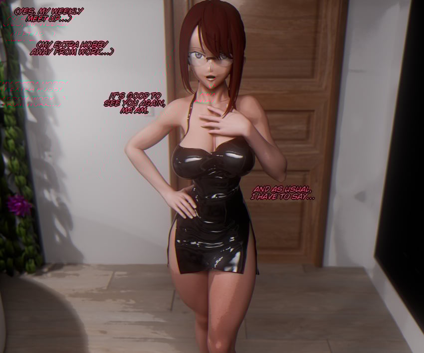 1girls 3d bare_thighs black_dress caption cleavage dialogue female glasses kawaii_dake_ja_nai_shikimori-san large_breasts looking_at_viewer mature mature_female mature_woman milf minidress mother red_hair shikimori_miyabi sic_phuck solo solo_female solo_focus thighs