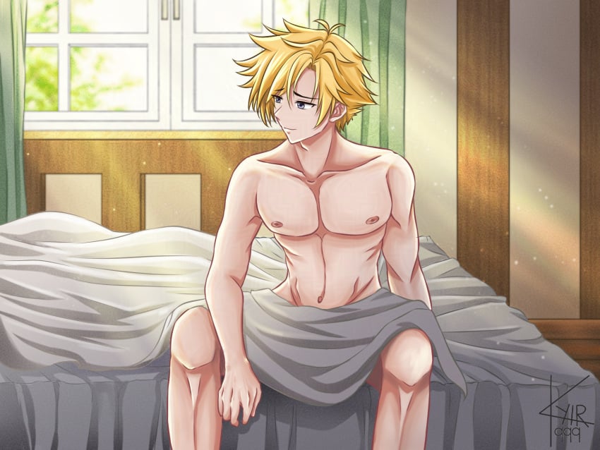 after_sex bed blonde_hair blue_eyes camelot golden_sun golden_sun_art_initiative happy isaac isaac_(golden_sun) kyir999 muscles muscular muscular_male nintendo nude part_of_a_series part_of_a_set smile spiky_hair sunlight window