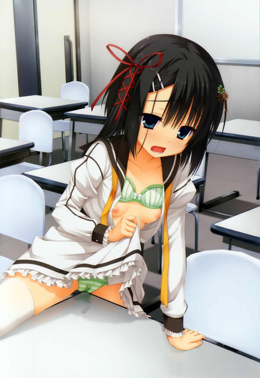 1girls black_hair blue_eyes bra bra_lift cameltoe classroom clothed_masturbation clothing crotch_rub dracu-riot! green_bra hair_ornament hair_ribbon hairclip highres kobuichi masturbation mera_azusa nipples open_clothes open_mouth panties pussy_juice pussy_juice_stain ribbon school_uniform skirt skirt_lift solo spread_legs striped striped_panties table_humping thighhighs underwear wet wet_panties white_legwear