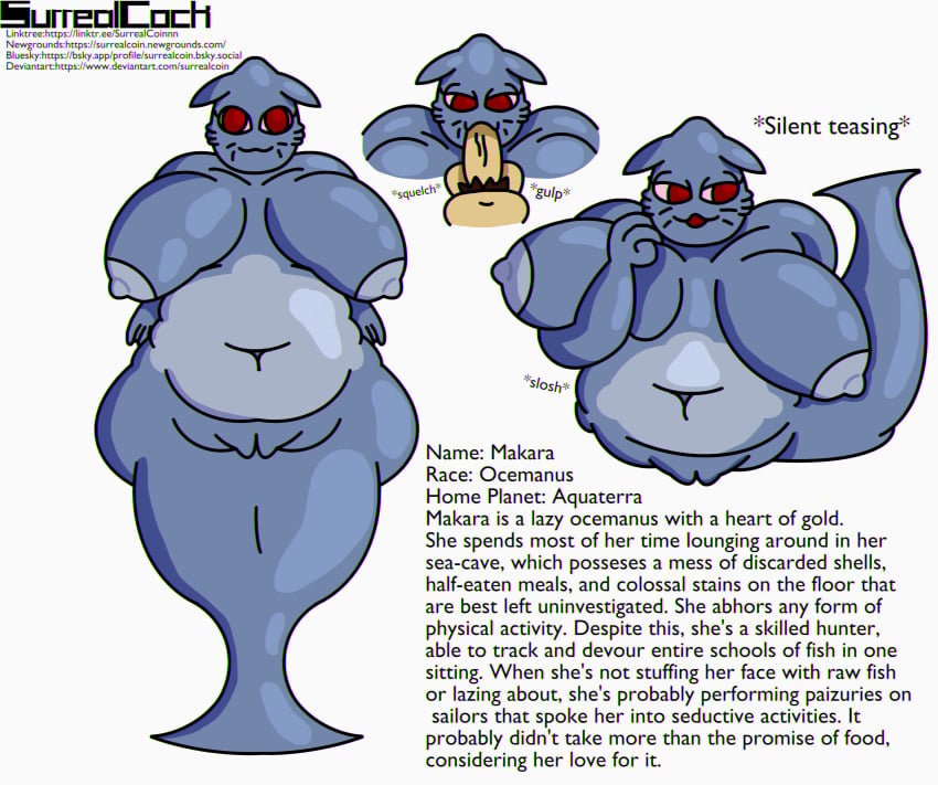 1girls alien alien_girl amateur_artist bald blue_body blue_skin bluesky deviantart fat fat_belly fat_breasts female fish_girl fish_humanoid fish_tail hanging_breasts lore makara_(surrealcock) newgrounds onomatopoeia red_eyes sucking sucking_penis surrealcock tagme
