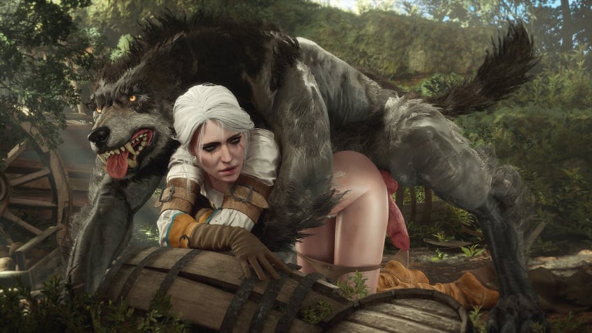 3d after_sex animal_penis anthro athazel canid canine canine_penis canis cd_projekt_red ciri cum doggy_style female freckles gloves green_eyes half-dressed half_naked knot light-skinned_female male mascara mascara_tears monster outdoors panties_down penis pubic_hair scar the_witcher_(series) the_witcher_3:_wild_hunt werewolf white_hair wolf
