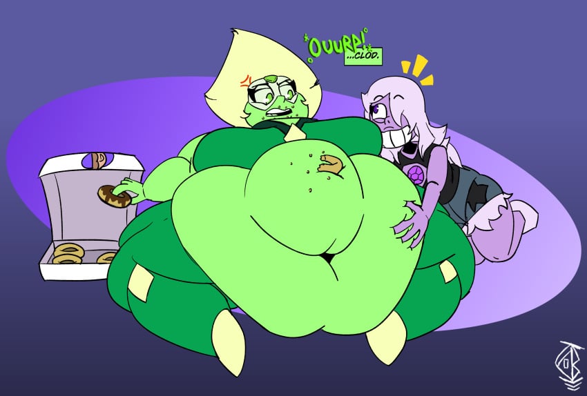 2girls amethyst_(steven_universe) artist_signature bbw big_breasts breasts burping cartoon_network dialogue digital_media_(artwork) donut feederism flabby_arms gem_(species) green_body implied_yuri kink-klown overweight peridot_(steven_universe) purple_body ssbbw steven_universe tagme white_hair yellow_hair