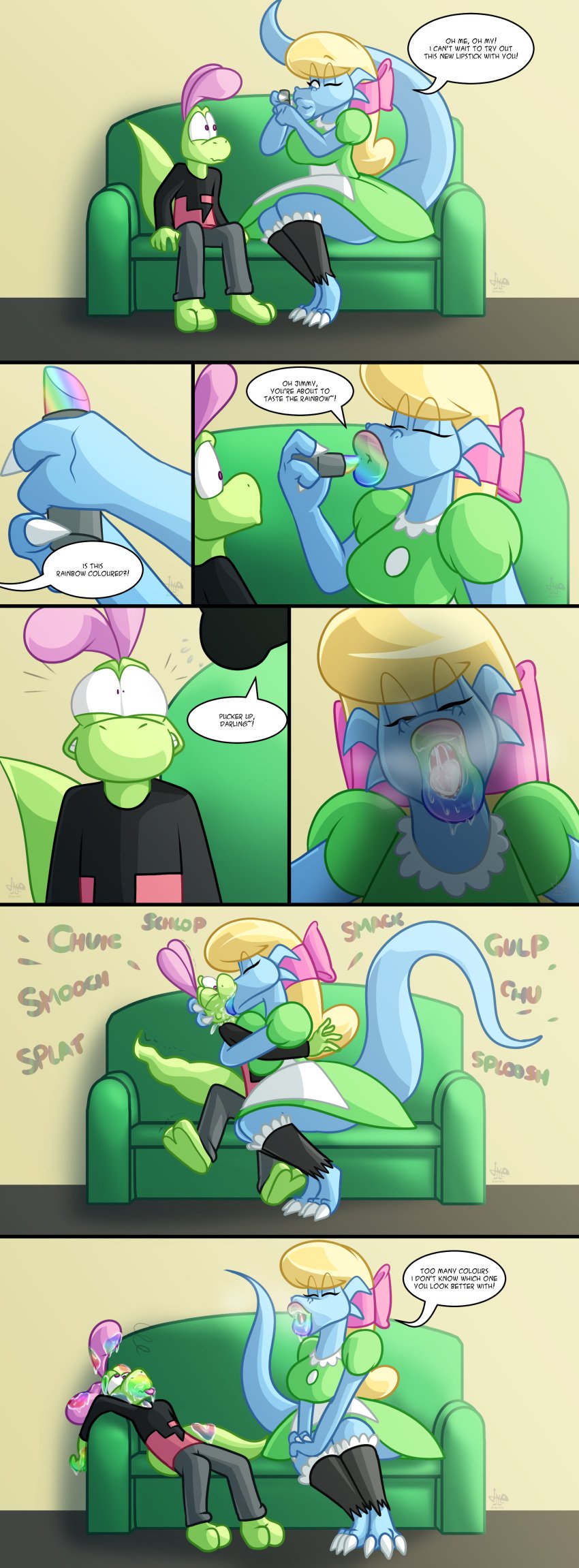 1boy 1girls 2d 2d_(artwork) alice_(jamearts) anthro anthro_on_anthro applying applying_lipstick blonde_hair blonde_hair_female blue_body blue_eyes blue_skin clawed_feet clawed_fingers comic couch couch_sitting dialogue digital_drawing_(artwork) digital_media_(artwork) dragon dragon_girl dragon_tail dress duo duo_focus female green_body green_dress green_skin jamearts jimmy&rsquo;s_sloppy_life jimmy_(jamearts) knocked_out lips lipstick lipstick_mark lizard lizard_tail lizardman long_hair male male/female nervous nervous_expression nervous_face no_shoes non-human panels pink_eyes puckered_lips rainbow_lips rainbow_lipstick saliva saliva_drip scalie scalie_female scalie_male scalie_only sitting_on_couch skirt tail