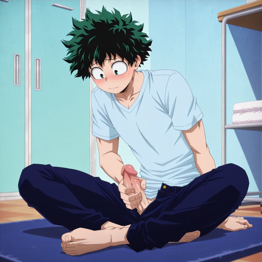 aged_up ai ai_generated blue_shirt deku dormitory erection freckles freckles_on_face green_eyes green_hair izuku_midoriya locker_room masturbation masturbation_through_clothing my_hero_academia nervous penis stroking_penis t-shirt