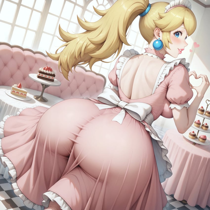 1girls ai_generated aimoonshine alternate_costume apron ass ass_focus back back_view backless_dress backless_outfit blonde_hair blue_eyes blush breasts cake checkered_floor choker cupcake dress earrings enmaided female female_only food frilled_apron frilled_choker frilled_dress frilled_sleeves frills from_behind heart heart_hands huge_ass indoors jewelry large_breasts lips long_hair looking_at_viewer looking_back maid maid_apron maid_cafe maid_dress maid_headdress maid_outfit maid_uniform mario_(series) nintendo parted_lips pink_dress ponytail princess_peach puffy_short_sleeves puffy_sleeves short_sleeves smile solo solo_female sphere_earrings sunlight super_mario_bros. table window