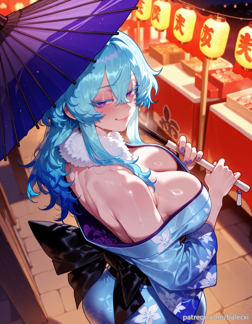 ai_generated balecxi bare_shoulders blue_hair blue_kimono blue_nails blush cleavage female floral_print holding japanese_clothes large_breasts long_hair looking_at_viewer oil-paper_umbrella patreon_username purple_eyes smile solo the_shorekeeper_(wuthering_waves) wuthering_waves