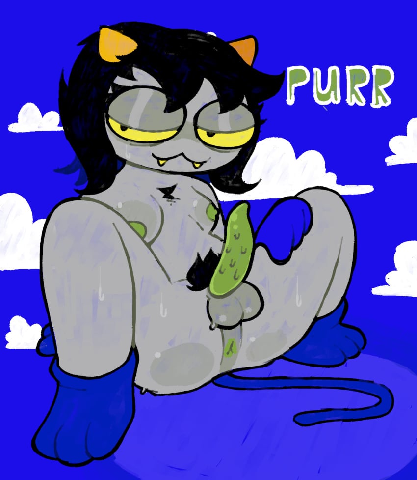 1futa :3 alien anus balls blue_background bodily_fluids cat_tail catgirl chest_tuft cloud clouds dialogue eye_bags feline_genitalia feline_humanoid feline_penis furry_tail futanari green_anus green_nipples green_penis green_text grey_body grey_skin homestuck horn horns intersex laying_down ms_paint_adventures musk musk_clouds naked nepeta_leijon onomatopoeia penile_spines pubes pubic_hair purring short_hair simple_background solo spread_legs sweat text troll