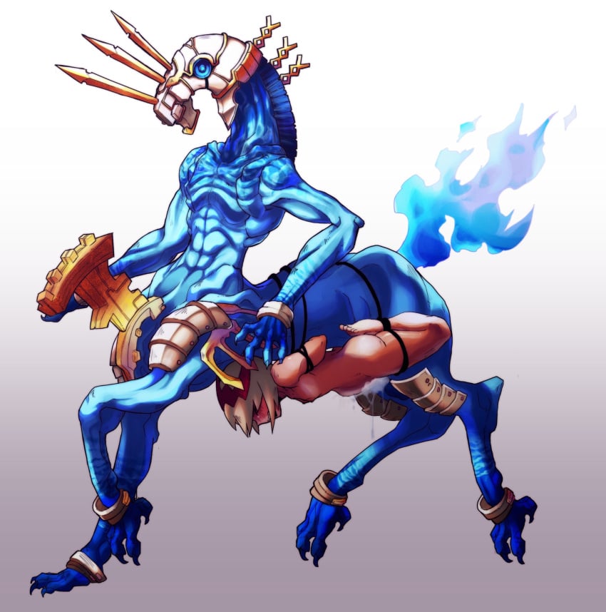 armor arms_behind_back belly_bulge belly_riding bellyride blue_eyes blue_skin blush bondage centaur claws cum cum_in_pussy cum_inside dragon_marked_for_death empress_(dmfd) equus equus_(dmfd) horn inti_creates midas_(artist) monster monster_sex petite porcelain porcelain_armor red_horn restrained screaming_in_pleasure small_breasts stomach_bulge teratophilia tied_up white_hair