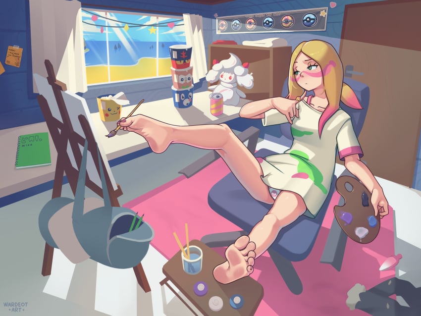 afternoon barefoot beach bedroom digital_media_(artwork) facepaint feet feet_up foot_fetish green_eyes mina_(pokemon) nail_polish noodles painted_nails painted_toenails painting panties pants_removed plushie pokeball pokemon pokemon_masters pokemon_sm wardeotart