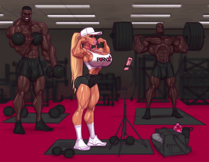 1girls 2boys autumn_blair bimbo clothed gym huge_ass huge_breasts huge_cock imminent_sex interracial selfie_pose theofficialpit