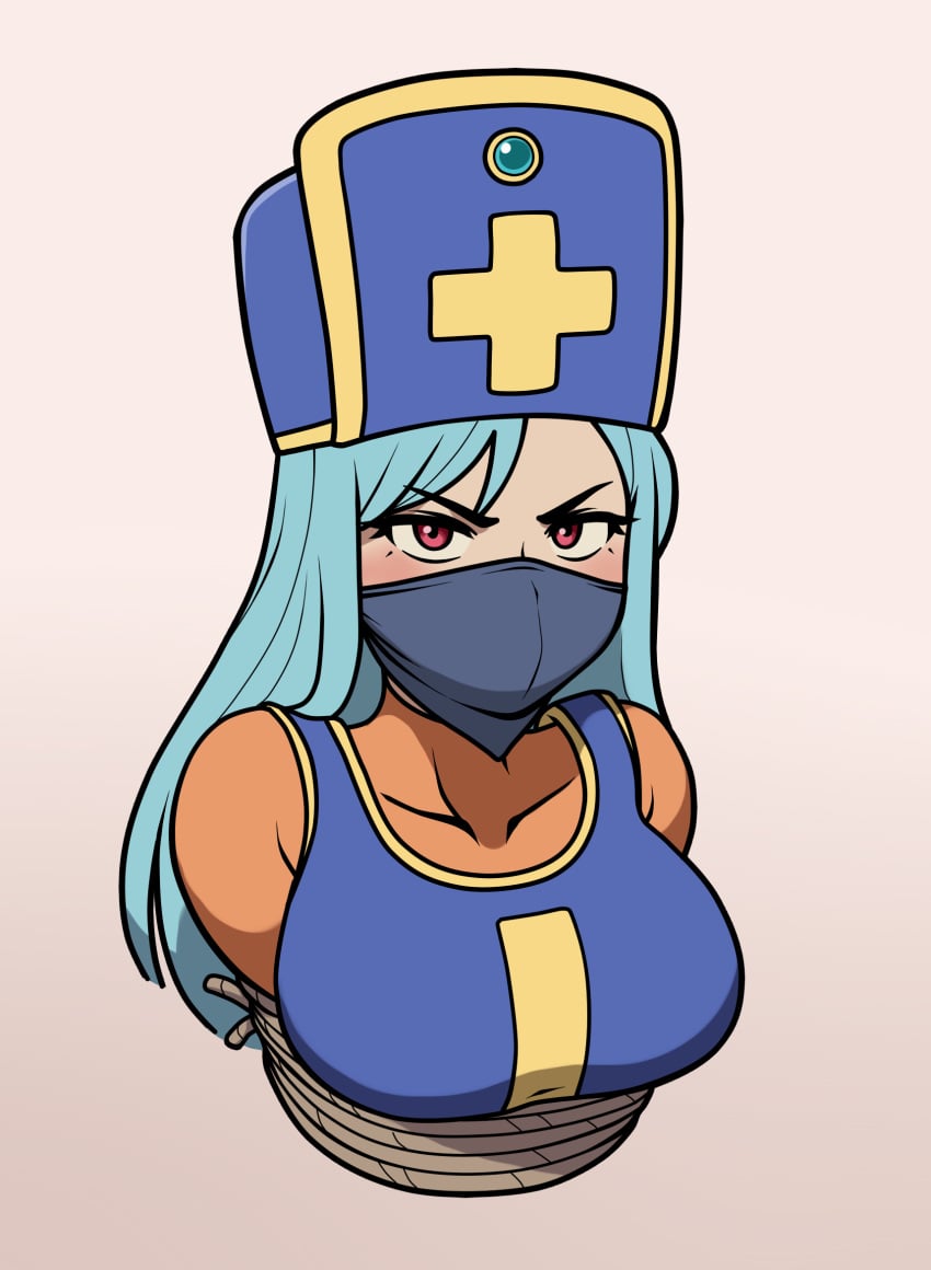 blue_hair bondage dragon_quest dragon_quest_iii female gag gagged jam-orbital large_breasts priest_(dq3) red_eyes tagme