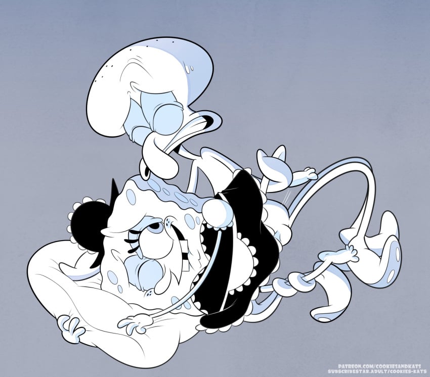 2boys anal anal_sex anthro anthro_on_anthro balls black_clothing cephalopod closed_eyes clothed_male_nude_male clothing clowndevil colorless crossdressing dress duo eyelashes furry furry_male furry_only gay gay_sex genitals hat interspecies looking_at_another lying_on_side maid_outfit maid_uniform male male/male marine nickelodeon nude nude_anthro nude_male nude_male_clothed_male octopodiform octopus penis penis_in_anus pillow pillow_grab sea_sponge sex spongebob_squarepants spongebob_squarepants_(character) spoon_position spooning squidward_tentacles sweat sweating tentacles testicles yaoi
