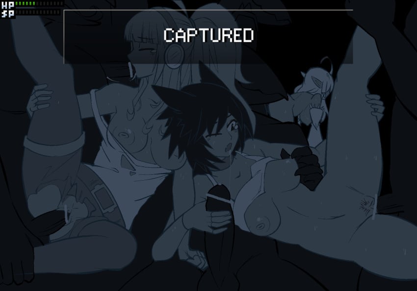 aello_(moon_rhapsody) anal anthro basilisk bird_girl bird_wings bottomless braid cat_ears catgirl clothed_sex dumb_witch fellatio game_over game_ui gameplay_mechanics gangbang group_sex handjob harpy headphones human irrumatio kemonomimi kosmic91 lizardman long_hair monochrome moon_rhapsody no_bra no_panties nude nyx_cheshire_(moon_rhapsody) oral orgy ponytail sasha_nikolayeva short_hair tank_top tears torn_clothes vaginal_penetration