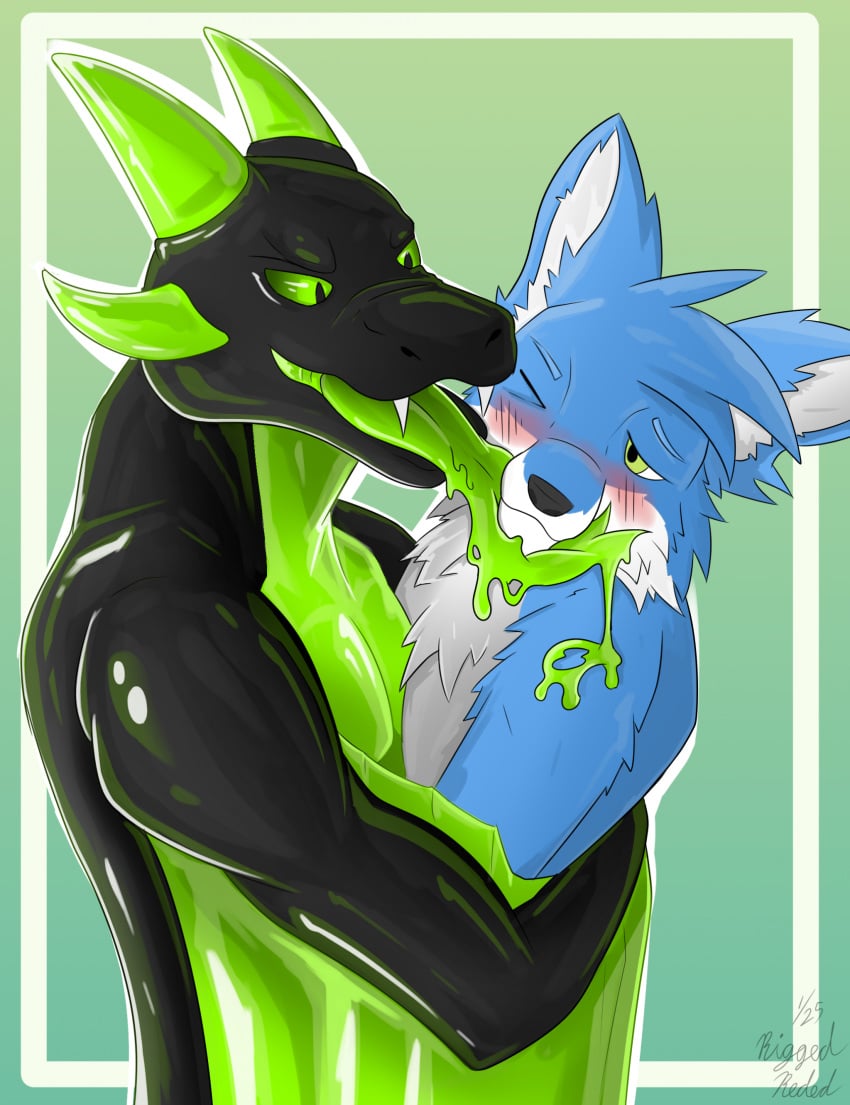 2025 asp_the_wyvern blue_body blue_fur blush canid canine dragon dripping european_mythology fox fur goo_creature green_eyes hi_res hug latex licking male mammal mythological_creature mythological_scalie mythology riggedreded scalie squeezed tongue tongue_out western_dragon wyvern