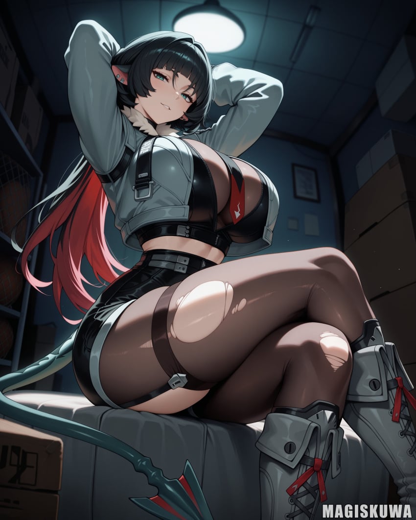 1girls ai_generated animal_ears ass big_ass big_breasts black_hair black_shorts cropped_jacket female fur_trim green_eyes green_jacket hands_behind_head jane_doe_(zenless_zone_zero) long_hair looking_at_viewer magiskuwa mouse_ears mouse_girl multicolored_hair pantyhose_under_shorts red_hair shorts thick_thighs thighs zenless_zone_zero
