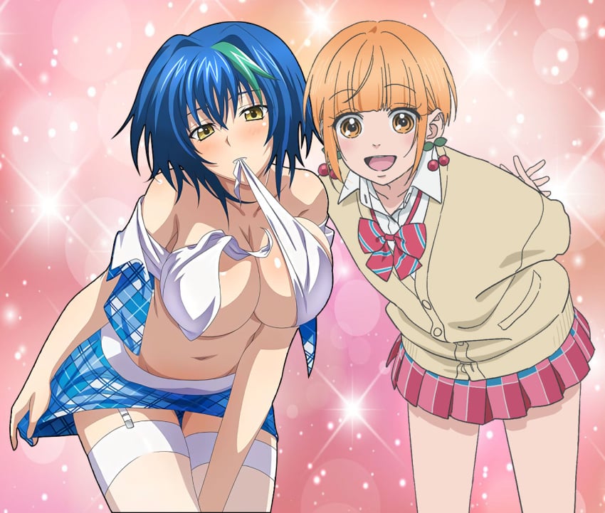 2girls blonde_hair blue_hair leaning_forward looking_at_viewer school_uniform short_hair standing