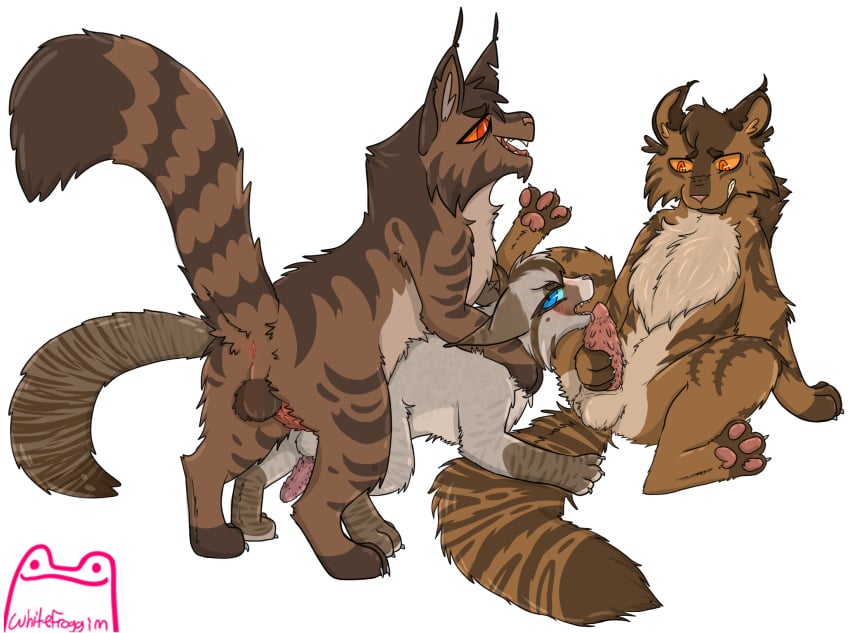 amber_eyes anus artist_name balls big_dom_small_sub blue_eyes blush blush_lines brambleclaw_(warriors) brown_body brown_fur cheek_tuft claws clenched_teeth doggy_style domestic_cat dominant ear_tuft eyebrows facial_tuft felid feline felis fellatio feral feral_with_hair fluffy fluffy_chest fluffy_tail from_behind_position fur genitals grin group hair hawkfrost_(warriors) hi_res holding_penis inner_ear_fluff licking looking_at_viewer male male/male mammal markings open_mouth oral orange_eyes pawpads paws penetration penile penile_spines penis penis_lick round_ears sex sharp_teeth simple_background sitting size_difference smaller_penetrated smile spread_legs spreading striped_body striped_fur striped_markings striped_tail stripes tabby_cat tail tail_markings tan_body tan_fur teeth tigerstar_(the_prophecies_begin) tongue tongue_on_penis tongue_out trio tuft warriors_(book_series) white_background whitefroggim