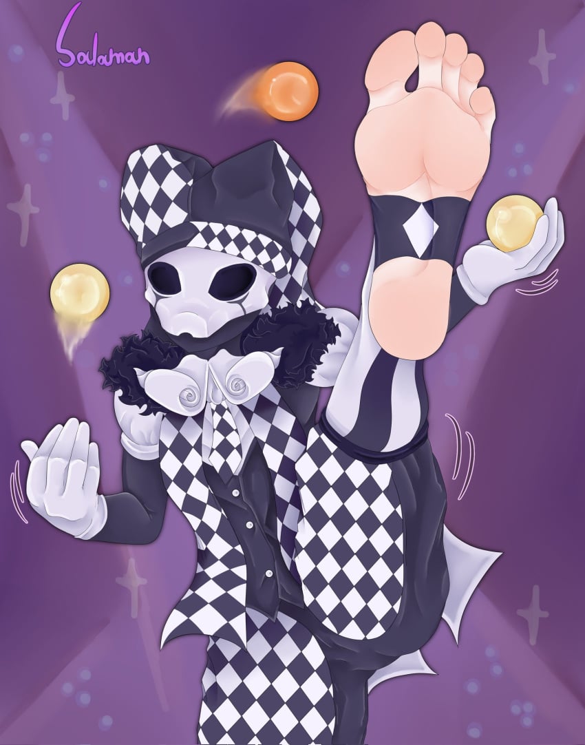 alternate_version_available feet foot_fetish foot_focus jester jester_girl juggling mask pestrica_r salaman_(artist) stockings twitter twitter_user twitter_user_oc unknown_gender