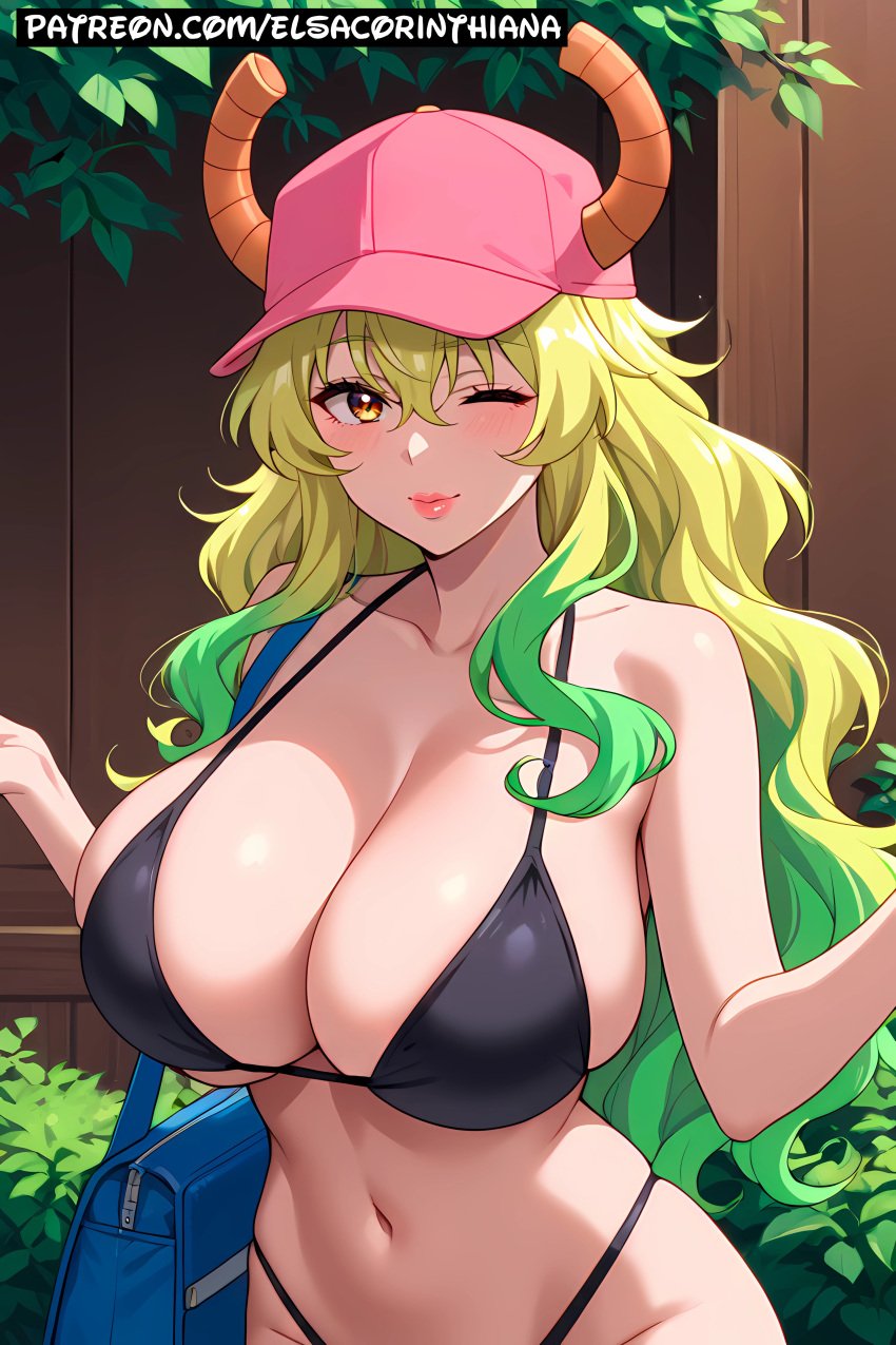 1woman admiring ai_generated anime bikini black_bikini blonde_female blonde_hair blonde_hair_female breasts cap dragon_maid elsacorinthiana exhibitionism female female_only garden green_hair_tips happy horny horny_face horny_female kobayashi-san_chi_no_maidragon light-skinned_female light_skin long_hair long_hair_female lucoa medium_breasts navel pale-skinned_female pale_skin panties patreon patreon_link patreon_url patreon_username posing posing_for_picture posing_for_the_viewer quetzalcoatl_(dragon_maid) semi-naked semi-nude semi-nudity semi_naked semi_nude skinny smile standing thigh_gap thong_bikini wink winking winking_at_viewer winking_eye yellow_hair