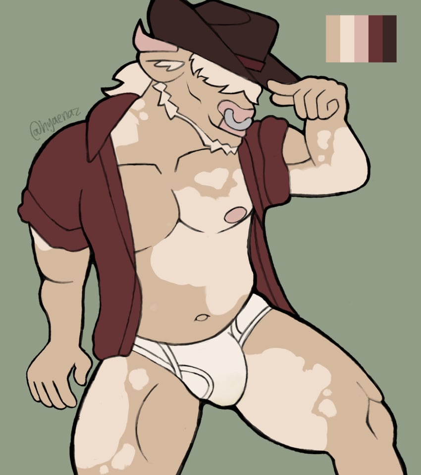 anthro bovid bovine briefs bulge cattle clothed clothing cowboy_hat hair hat headgear headwear hi_res hyaenaz male mammal nipples open_clothing open_shirt open_topwear shirt simple_background sitting solo tighty_whities topwear underwear white_briefs white_clothing white_underwear