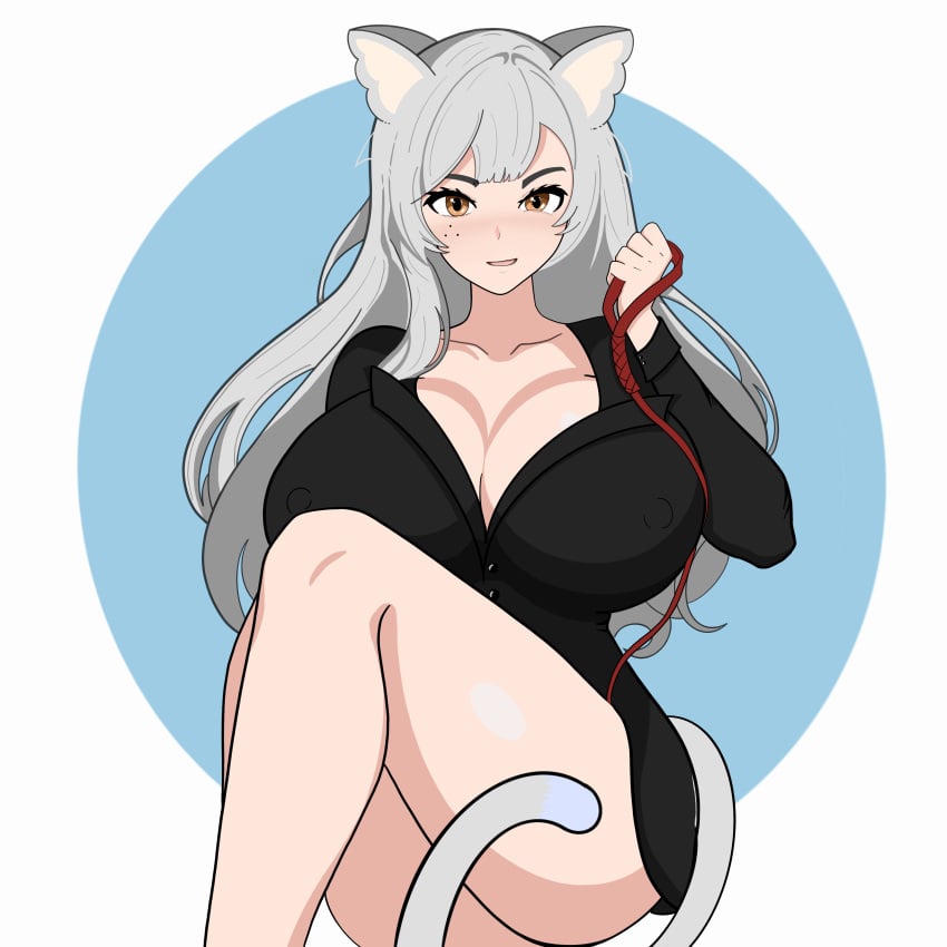 absurd_res big_breasts black_shirt cat_ears cat_tail catgirl hi_res hips large_breasts leash long_hair looking_at_viewer mole_under_eye moles_under_eyes nipples_visible_through_clothing red_leash shirt_only snezha virtual_youtuber vtuber white_hair yellow_eyes