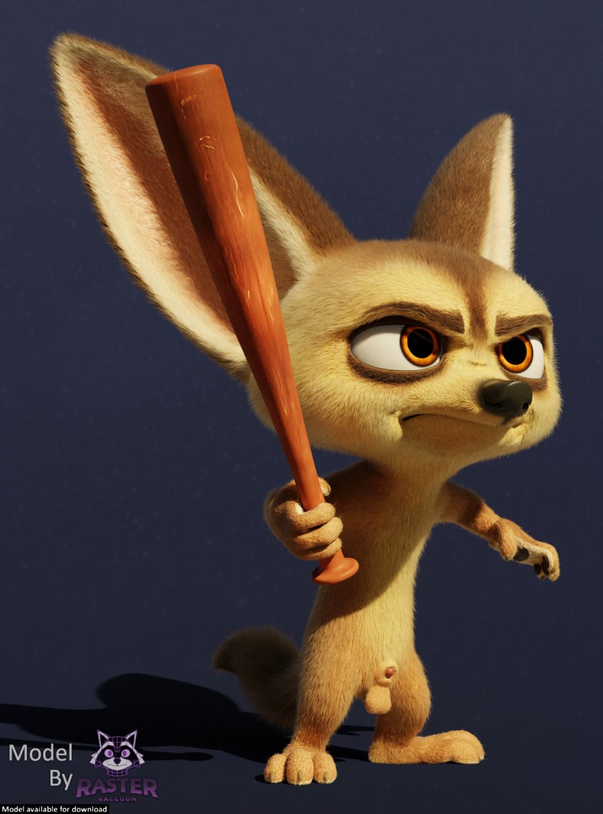 3_toes 3d_(artwork) 4_fingers absurd_res angry animal_genitalia anthro balls barefoot baseball_bat bat_(object) big_ears black_nose blender_(artwork) canid canine casual_nudity claws digital_media_(artwork) disney english_text eyebrows feet fennec_fox fingers finnick_(zootopia) fox front_view fur genitals hi_res male mammal mouth_closed nude on_model orange_eyes penis retracted_sheath rockyrcoon sheath short_male simple_background solo standing tan_body text toes true_fox watermark zootopia