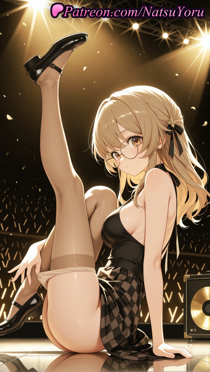 1girls ai_generated anime anime_style arm_support asian ass audience backless_dress bangs bare_arms bare_shoulders black-framed_eyewear black_dress black_footwear black_ribbon black_shirt black_skirt blonde_hair blush bow braid breasts brown_eyes brown_hair brown_pantyhose brown_thighhighs bust busty checkered_clothes checkered_skirt choker closed_mouth clothes_pull concert crowd dress female_focus female_only female_solo from_side full_body glasses glowstick hair_ribbon hairbow halter_dress halterneck hentai hi_res high-waist_skirt high_heels high_quality high_resolution highres juicy_butt kichijouji_yoriko knee_up large_breasts leg_up legs long_hair looking_at_viewer looking_to_the_side mary_janes medium_breasts megane microphone miniskirt natsuyoru oshi_no_ko oshiri panties panty_pull pantyhose pantyhose_pull patreon reflection reflective_floor ribbon round_eyewear see-through_legwear shirt shoes side sideboob sidelocks sitting skindentation skirt sleeveless sleeveless_dress sleeveless_shirt solo solo_female speaker spotlight stage stage_lights thighhighs thighs underwear voluptuous voluptuous_female white_panties yellow_eyes