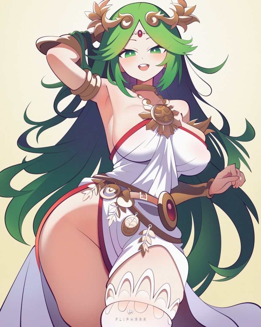 1girls breasts female female_focus female_only flipherrrr goddess green_eyes green_hair large_breasts light-skinned_female light_skin palutena solo thick_thighs thighs wide_hips